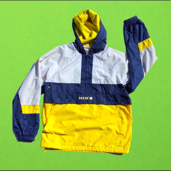 yellow white and blue nike windbreaker
